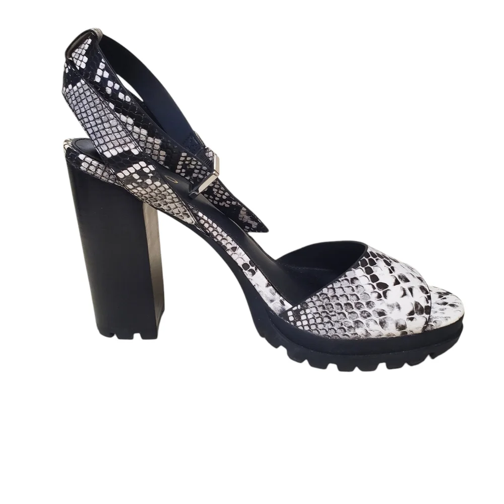 Aldo Black and White Snakeskin Slingback Block Heels